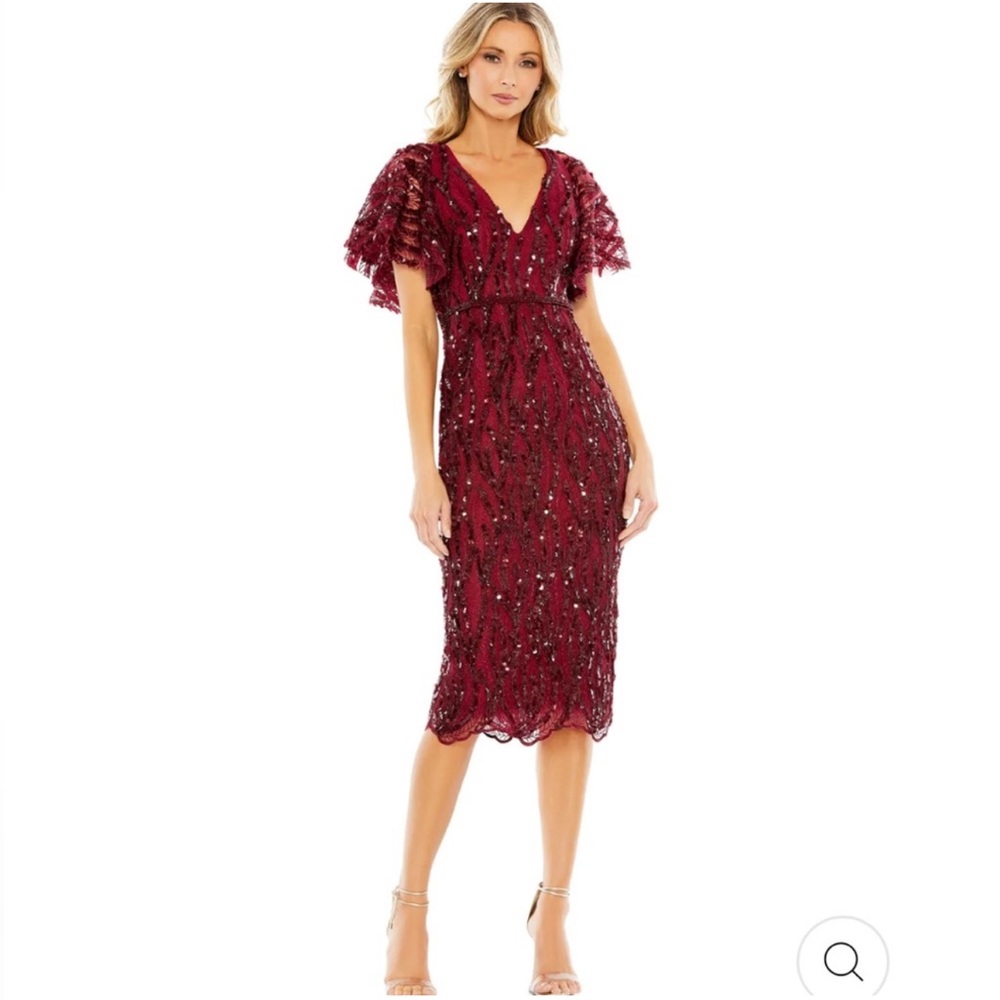 Mac Duggal Burgundy sequin embroidered butterfly sleeve dress
